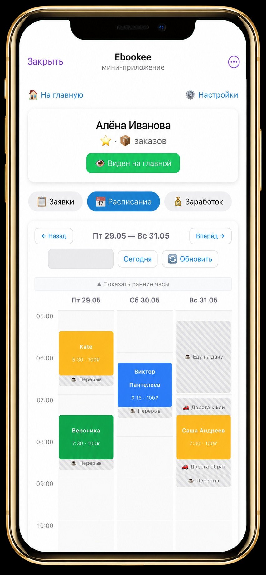 Скриншот мини-приложения ebookee: расписание мастера на неделю